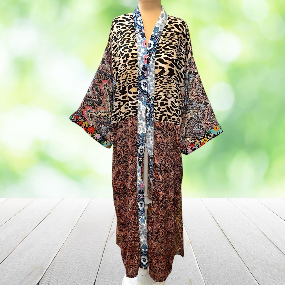 EARTHBOUND Maxi Kimono Duster Patchwork Mixed Print Leopard Boho Pockets XL XXL
